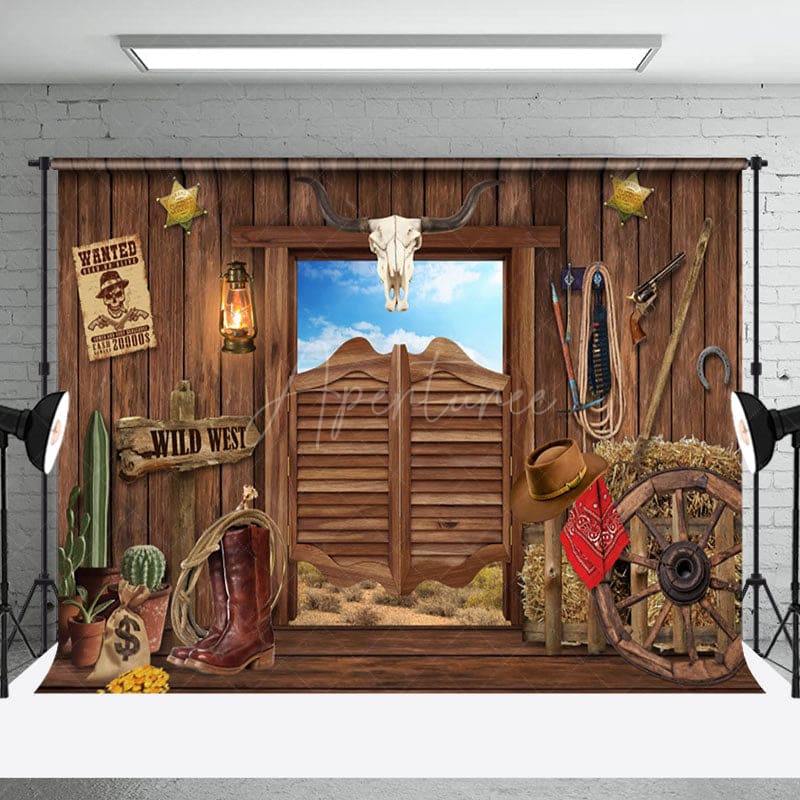 Aperturee - Sky Western Cowboy Wooden Door Retro Wall Backdrop