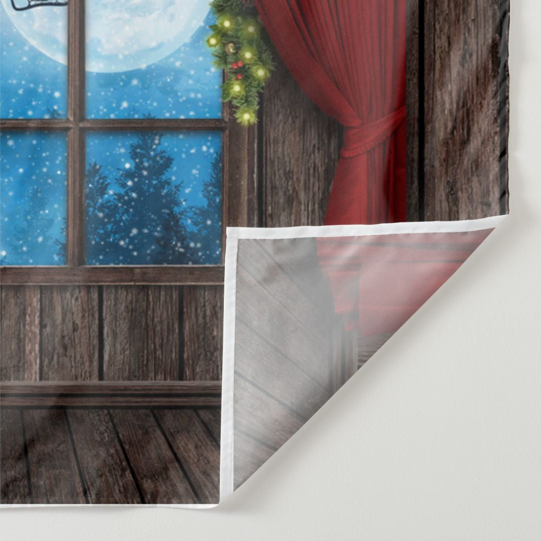 Aperturee - Sled In Moon Red Curtain Wood Christmas Backdrop