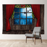 Aperturee - Sled In Moon Red Curtain Wood Christmas Backdrop