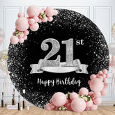 Aperturee - Sliver And Black Round 21st Happy Birthday Backdrop