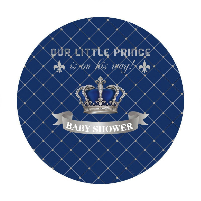 Aperturee - Sliver And Blue Crown Round Baby Shower Backdrop