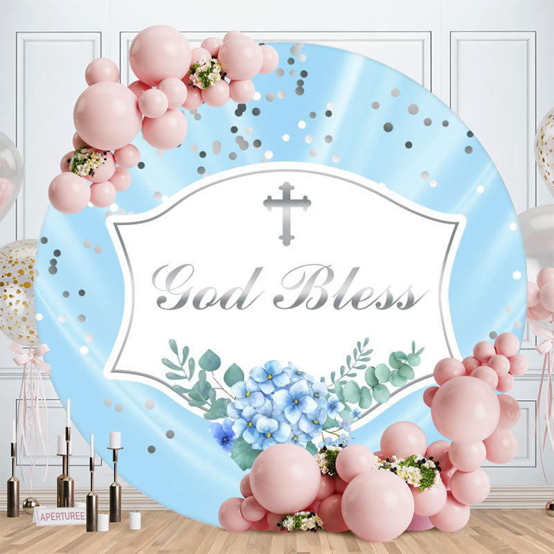 Aperturee - Sliver God Bless Round Blue Baby Shower Backdrop