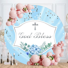 Aperturee - Sliver God Bless Round Blue Baby Shower Backdrop