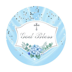 Aperturee - Sliver God Bless Round Blue Baby Shower Backdrop