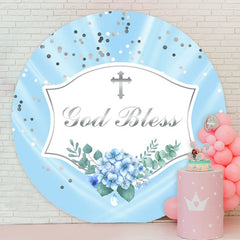 Aperturee - Sliver God Bless Round Blue Baby Shower Backdrop