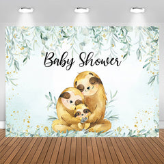 Aperturee - Sloths Family Green Plant Gold Baby Shower Backdrop