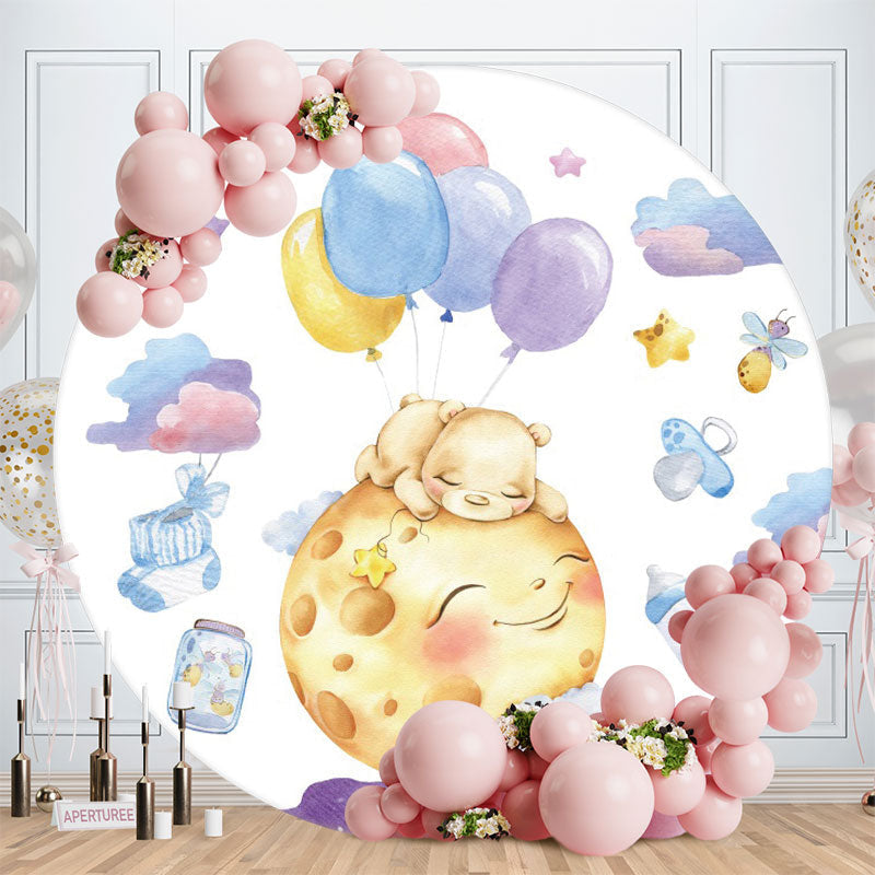 Aperturee - Smiley Moon And Bear Round Baby Shower Backdrop