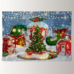 Aperturee - Snow Red Green House Tree Light Christmas Backdrop