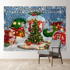 Aperturee - Snow Red Green House Tree Light Christmas Backdrop