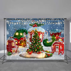 Aperturee - Snow Red Green House Tree Light Christmas Backdrop