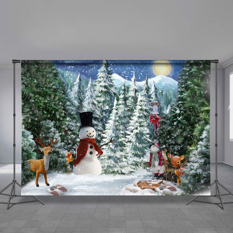 Aperturee - Snowman In Wild Deer Moon Night Christmas Backdrop