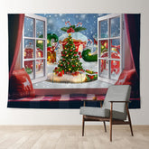 Aperturee - Snowy Cabin Candy Out Window Christmas Backdrop