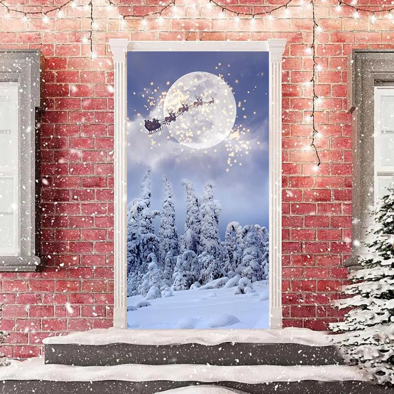 Aperturee - Snowy Forest Night Santa Claus Christmas Door Cover