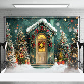Aperturee - Snowy Green Wall Gift Trees Christmas Photo Backdrop