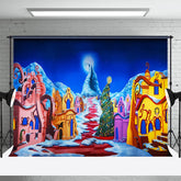 Aperturee - Snowy House Mountain Tree Night Christmas Backdrop