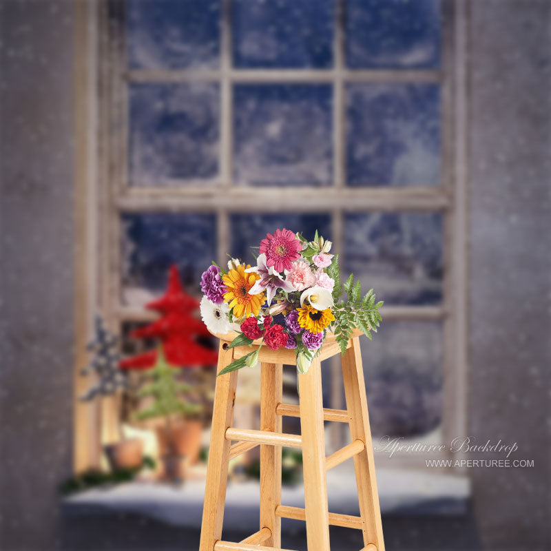 Aperturee - Snowy Light Window Christmas Tree Photo Backdrop
