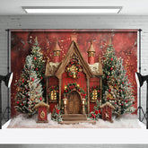 Aperturee - Snowy Red Brown House Trees Christmas Photo Backdrop