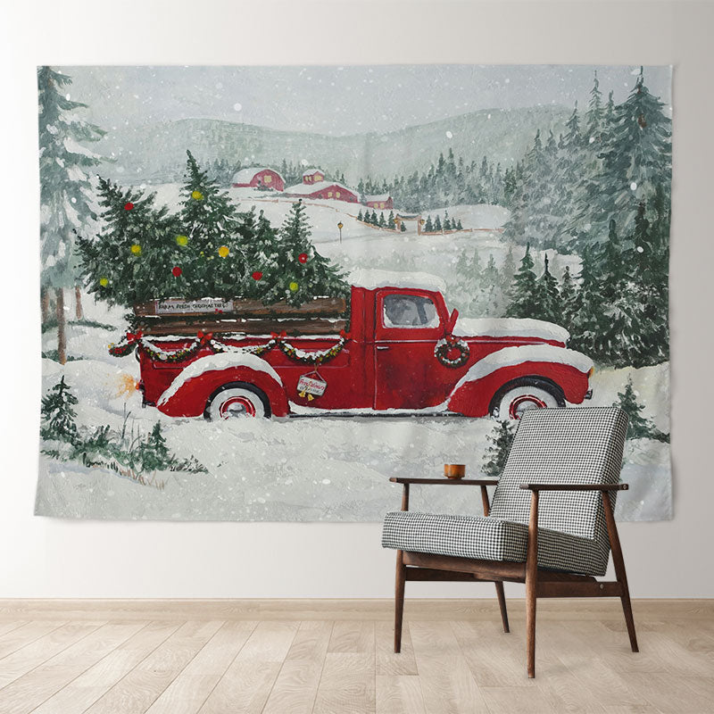 Aperturee - Snowy Red Truck In Village Christmas Backdrop