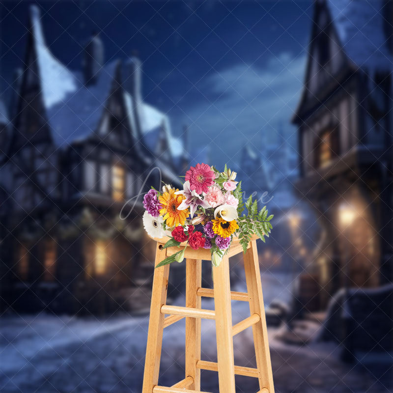 Aperturee - Snowy Town Street Night Scenery Christmas Backdrop