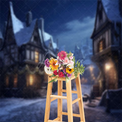 Aperturee - Snowy Town Street Night Scenery Christmas Backdrop