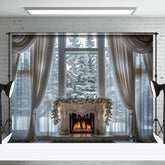 Aperturee - Snowy Trees Window View Curtain Christmas Backdrop
