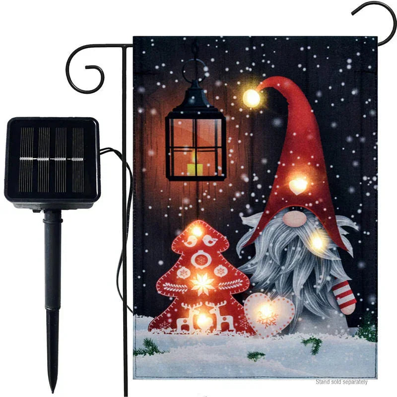 Aperturee - Solar Red Hat Gnome Christmas Tree Winter Garden Flag