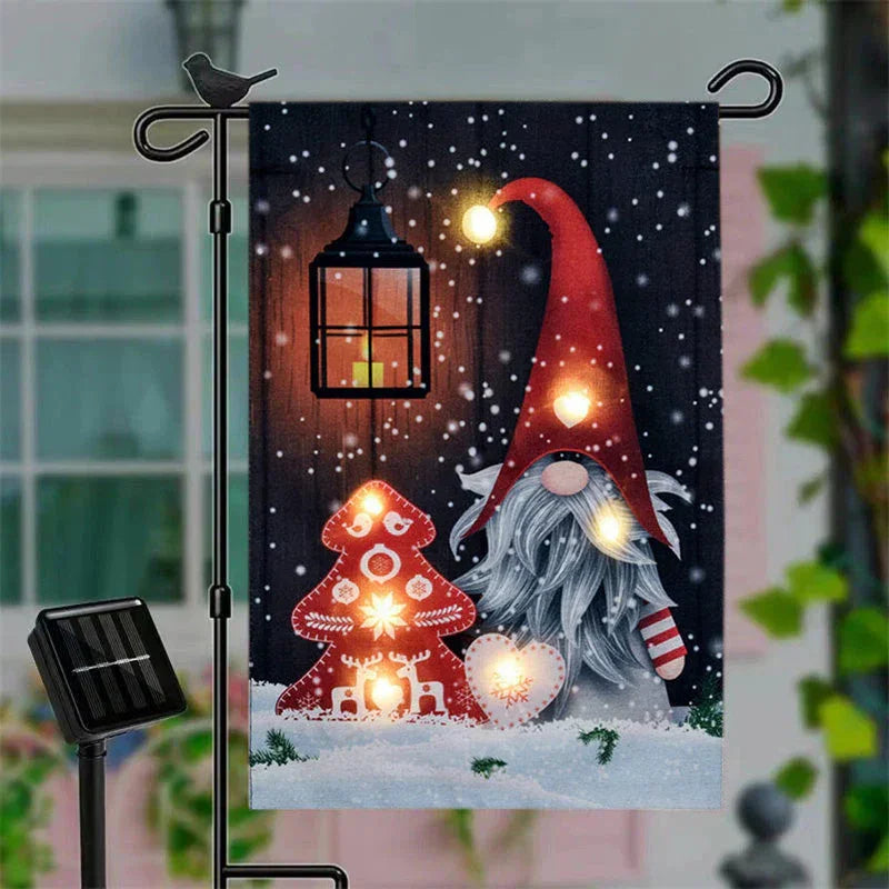 Aperturee - Solar Red Hat Gnome Christmas Tree Winter Garden Flag