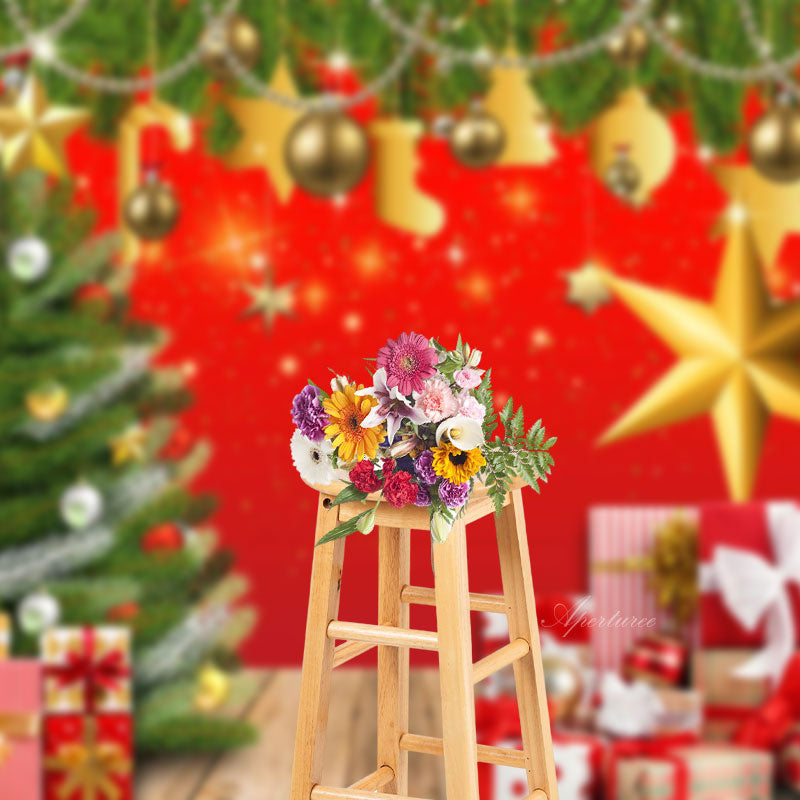 Aperturee - Sparkle Green Xmas Tree Gift Red Christmas Backdrop