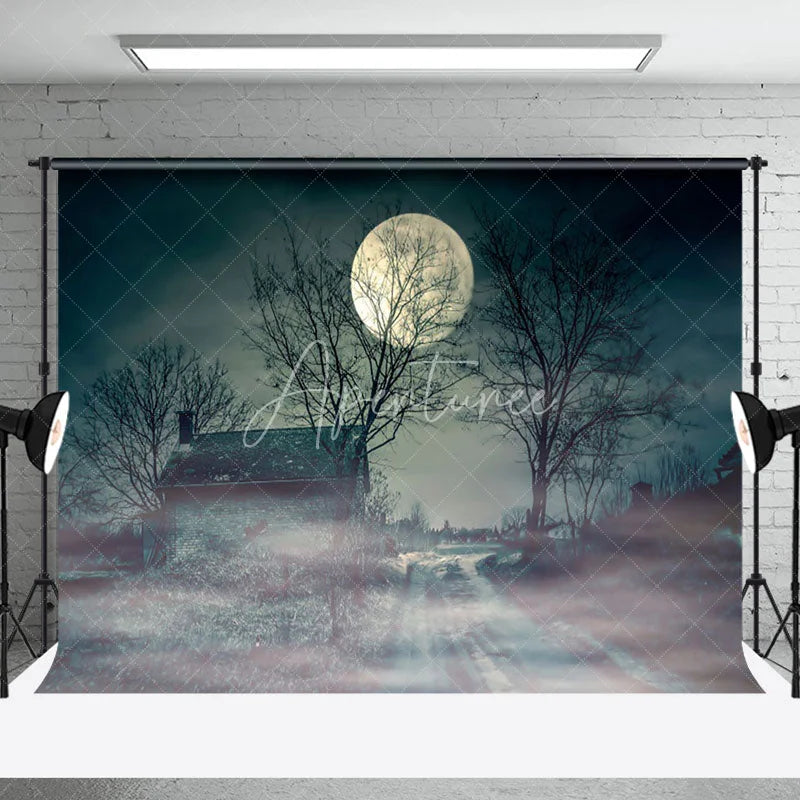 Aperturee - Spooky Village Moon At Night Halloween Backdrop