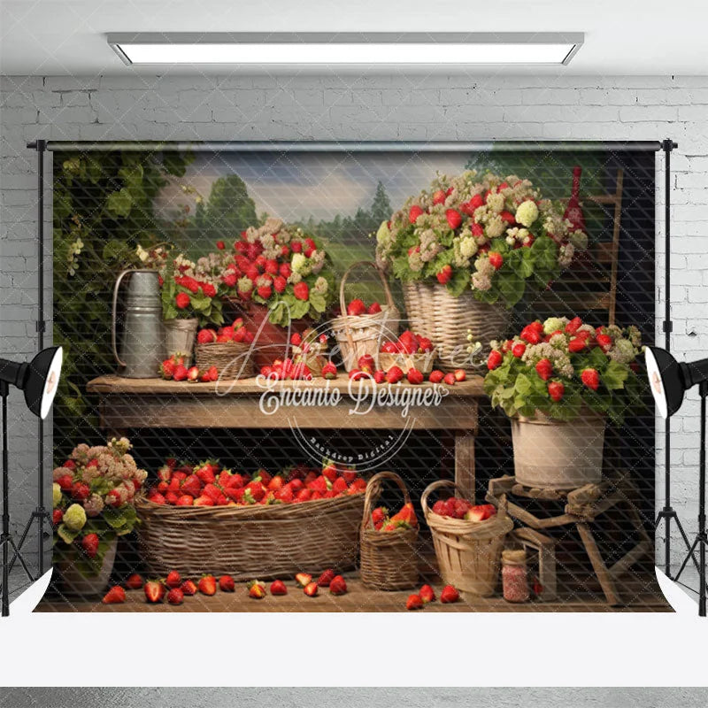 Aperturee - Spring Blue Sky Plant Strawberry Flowers Backdrop