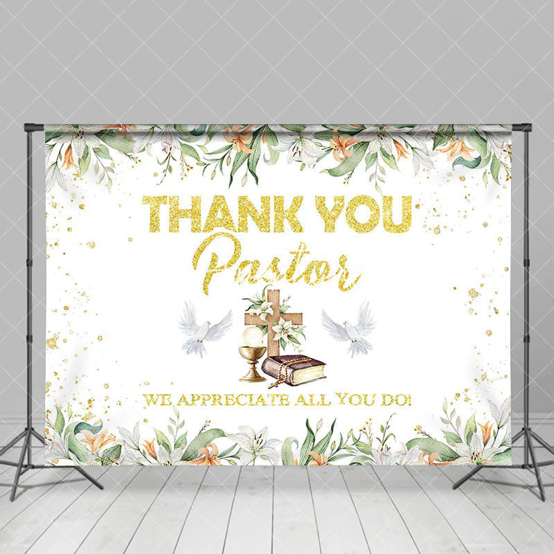 Aperturee - Spring Floral Leaf Gold Thank You Pastor Backdrop