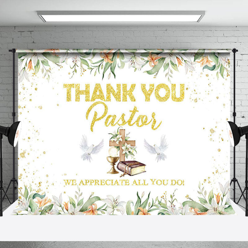 Aperturee - Spring Floral Leaf Gold Thank You Pastor Backdrop
