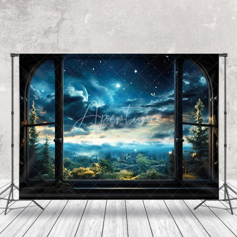 Aperturee - Starry Night Forset Window Backdrop for Photo