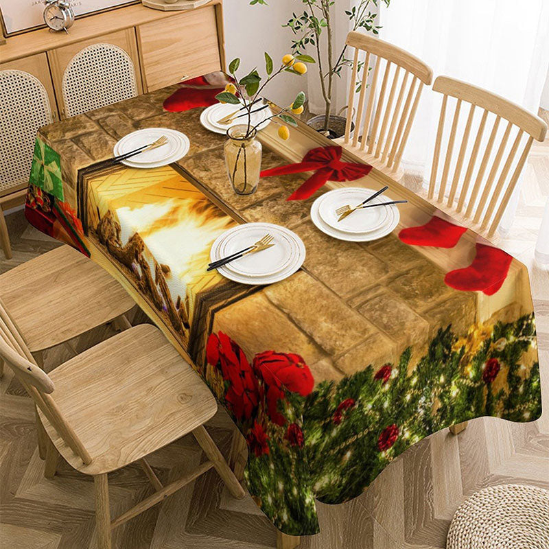 Aperturee - Stone Fireplace Glitter Tree Christmas Tablecloth
