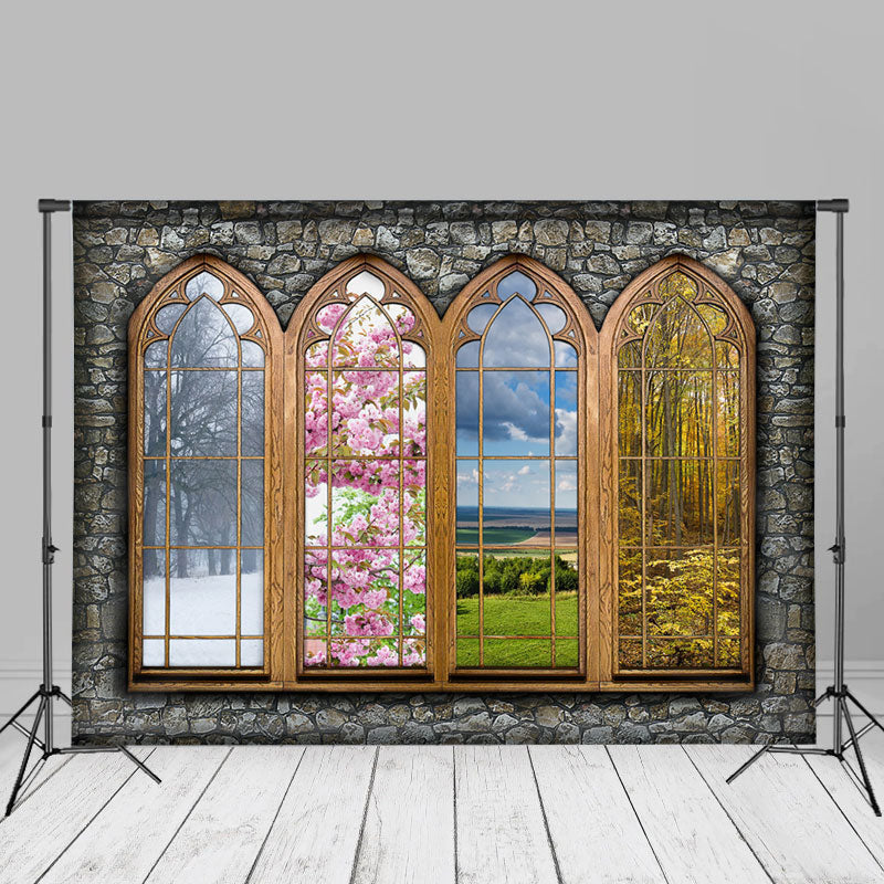 Aperturee - Stone Wall Four Season Window Backdrop For Photography