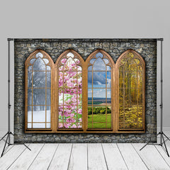 Aperturee - Stone Wall Four Season Window Backdrop For Photography