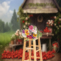 Aperturee - Strawberry Blue Sky Grass Farm Wooden House Backdrop