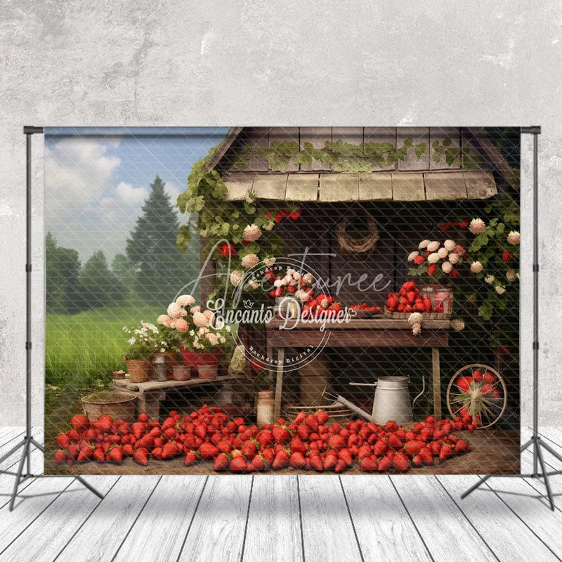 Aperturee - Strawberry Blue Sky Grass Farm Wooden House Backdrop