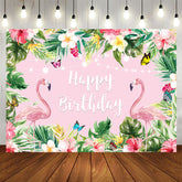 Aperturee - Summer Pink Tropical Flower Flamingos Birthday Backdrop