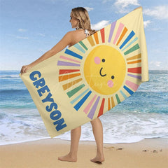 Aperturee - Summer Yellow Cartoon Sun Custom Name Beach Towel