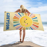 Aperturee - Summer Yellow Cartoon Sun Custom Name Beach Towel