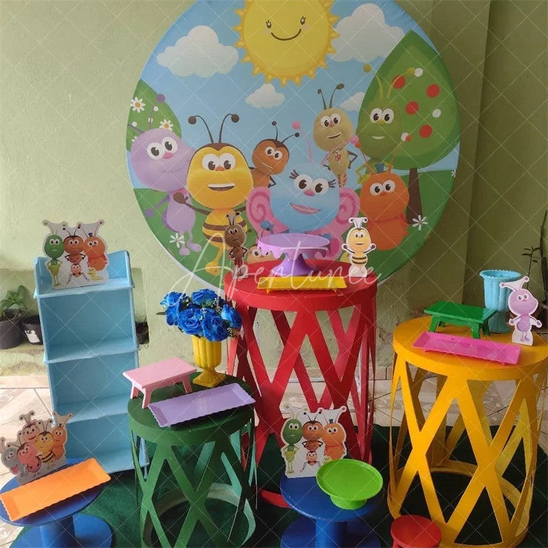 Aperturee - Sun And Blue Sky Round Little Animals Birthday Backdrop