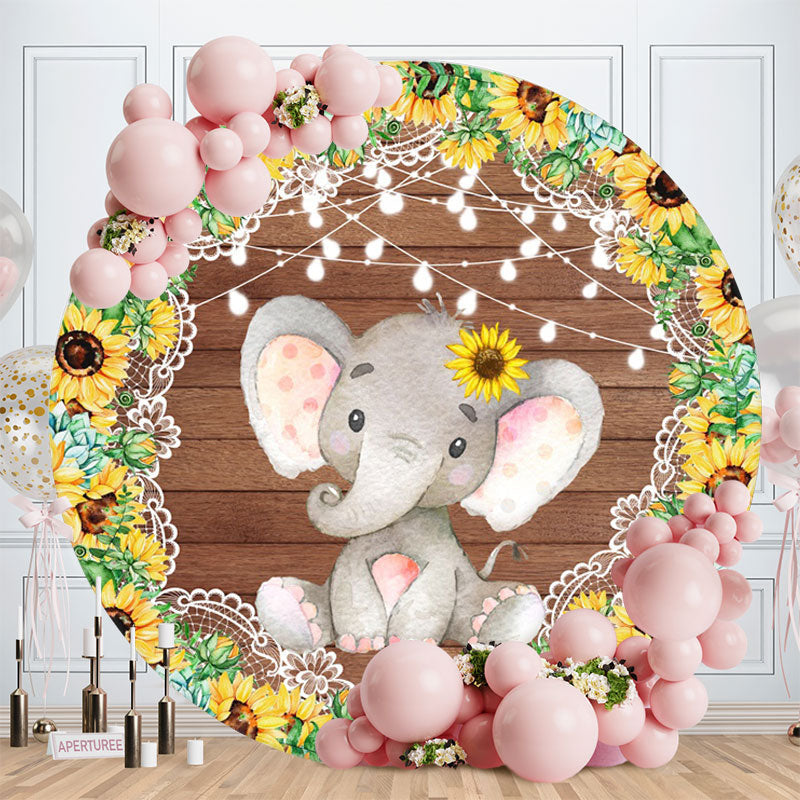 Aperturee - Sunflower And Elephant Round Wood Birthday Backdrop