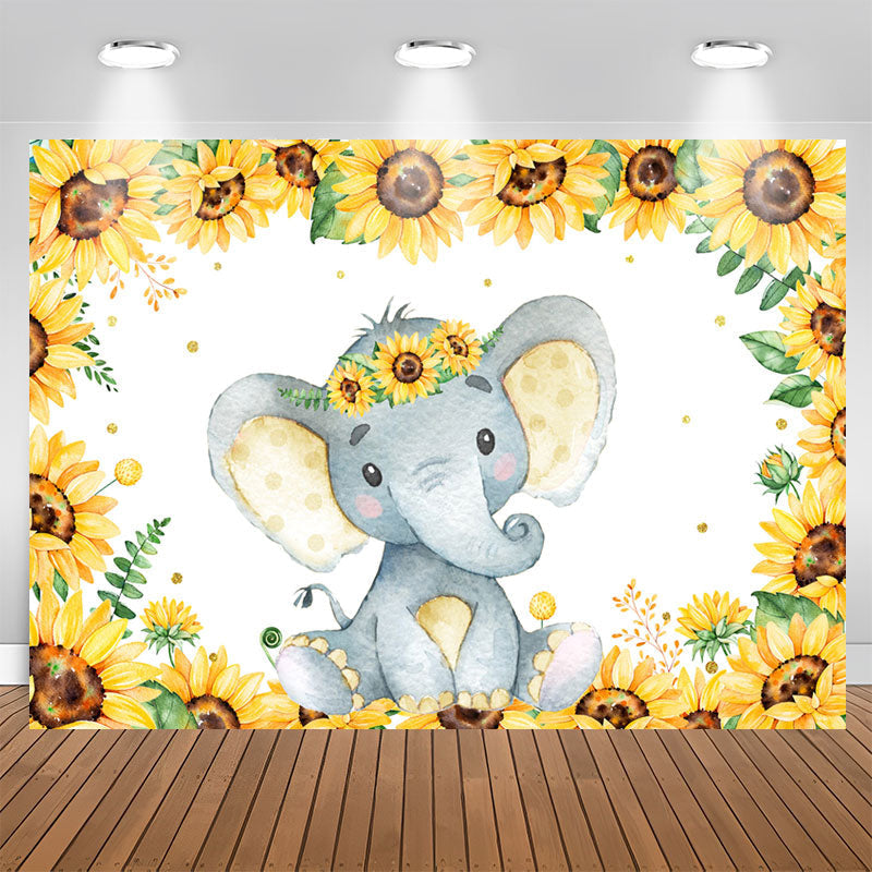 Aperturee - Sunflower And Lovely Elephant Baby Shower Backdrop