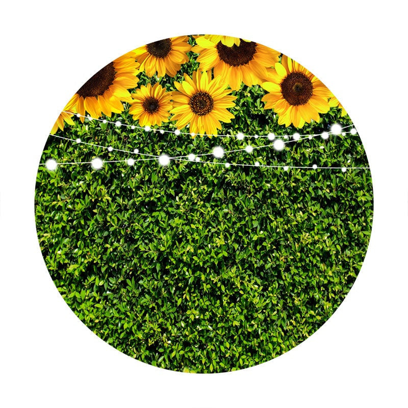 Aperturee - Sunflowers And Green Leaves Round Birthday Backdrop