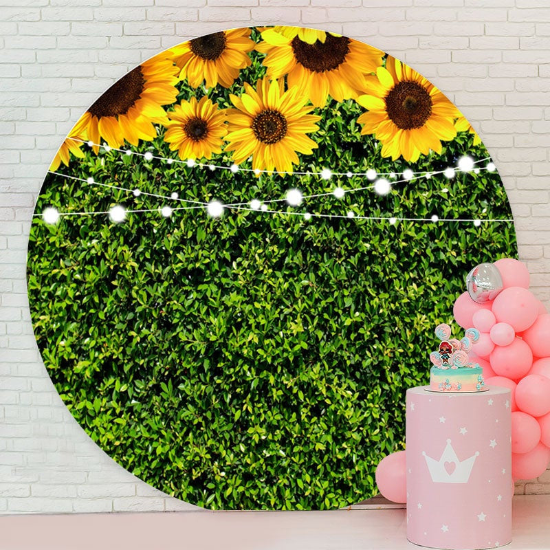 Aperturee - Sunflowers And Green Leaves Round Birthday Backdrop