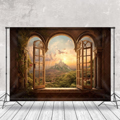 Aperturee - Sunset Mountain Tree Natural Window Scenery Backdrop