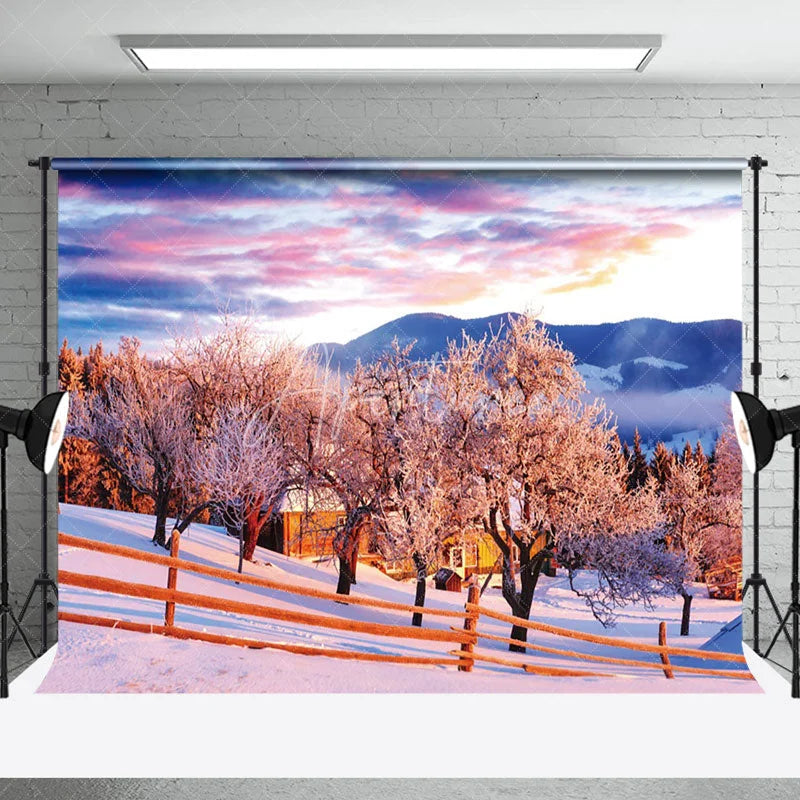 Aperturee - Sunset Snowy Tree House Winter Photography Backdrop