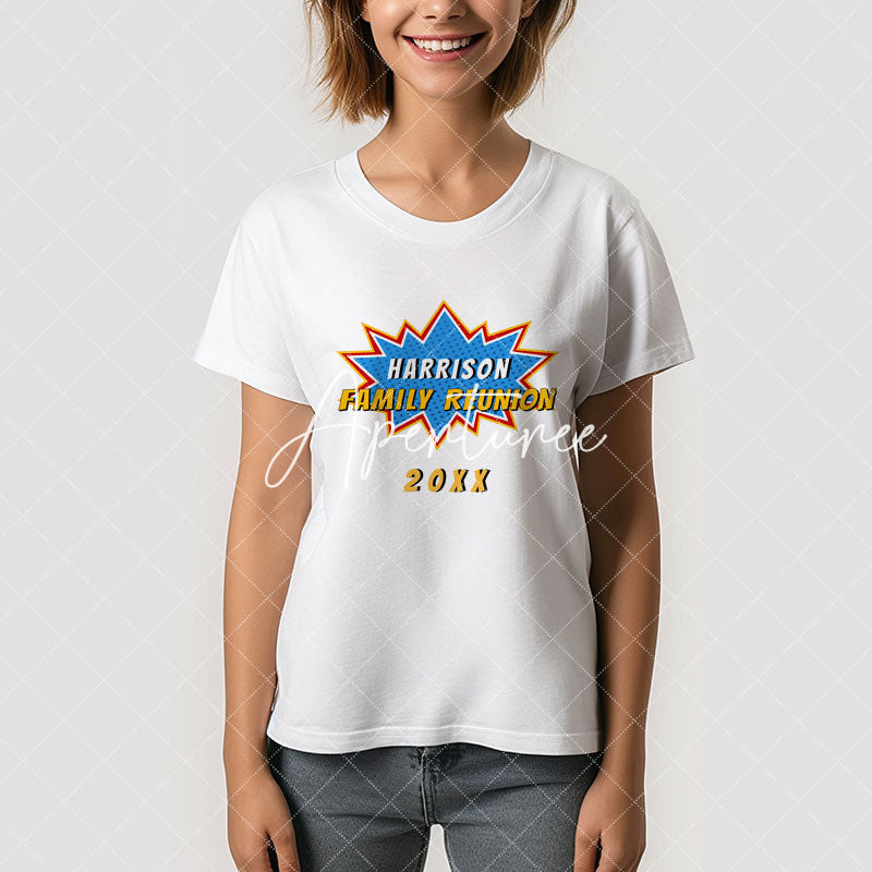 Aperturee - Superhero Blue Gold Name Family Reunion T-Shirt