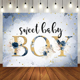 Aperturee - Sweet Baby Boy Marble Floral Blue Baby Shower Backdrop